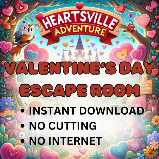 Heartsville Adventure: VALENTINE'S DAY Escape room Game Print & Play Ages 6-12 Classroom valentine's day party game no cutting escape room