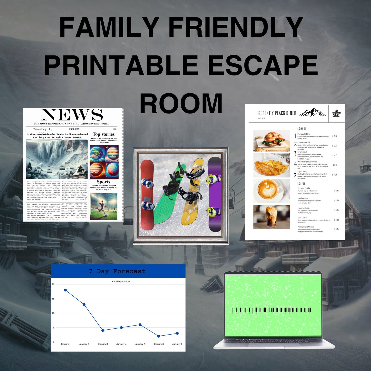 TRAPPED IN a Ski Resort Printable Escape Room Instant download Escape room Party game Winter Party Game Escape Room Snowed in Escape GAME